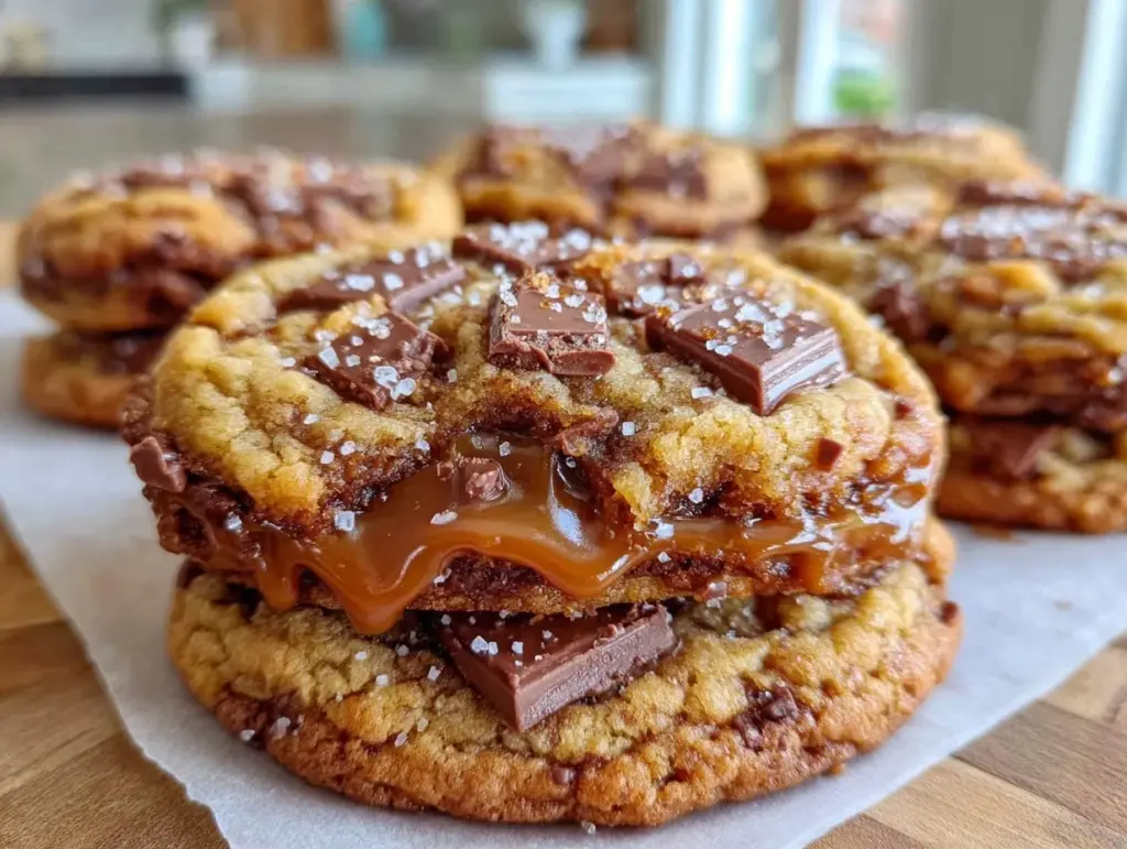 brown butter salted caramel chocolate chunk cookies - featured image