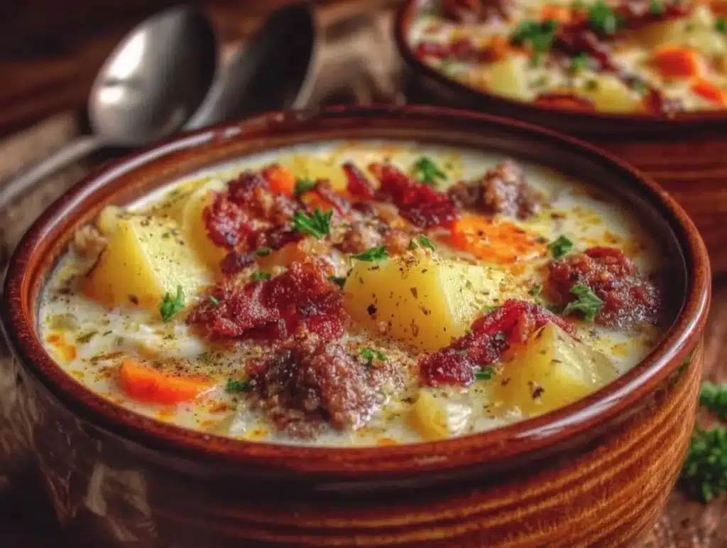 creamy potato soup with hamburger meat - featured image