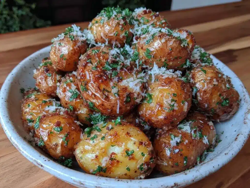 creamy slow cooker garlic parmesan potatoes - featured image