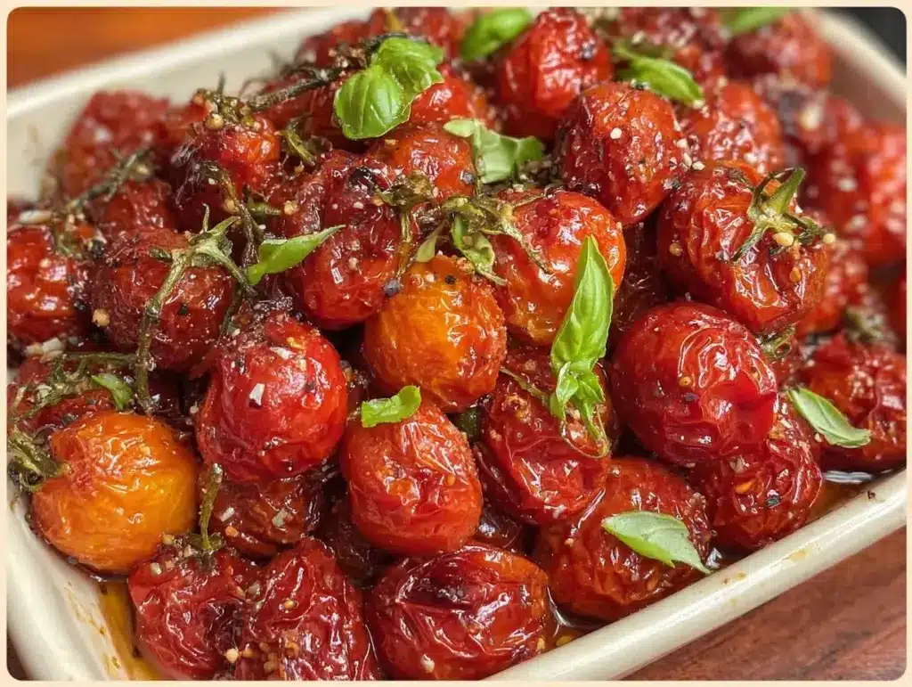 roasted grape tomatoes with basil - featured image