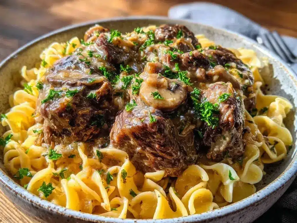 creamy crockpot beef stroganoff - featured image