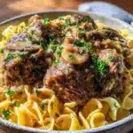 creamy crockpot beef stroganoff - featured image