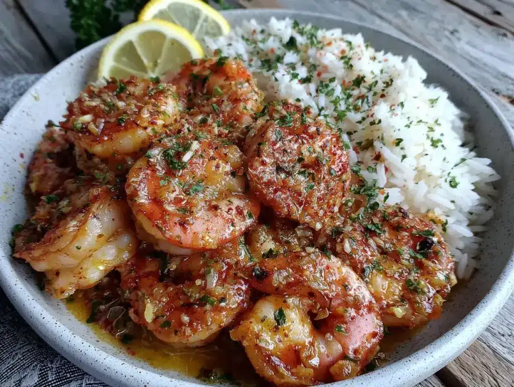 creamy garlic butter shrimp and rice bowl - featured image