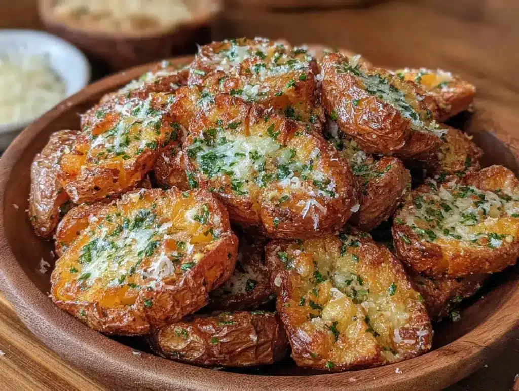 crispy garlic parmesan roasted potatoes - featured image