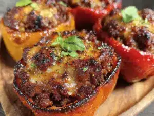 beef and cheddar stuffed peppers - featured image
