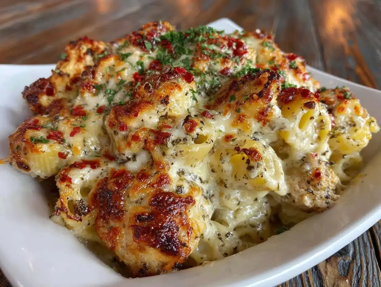 creamy chicken alfredo baked pasta casserole - featured image