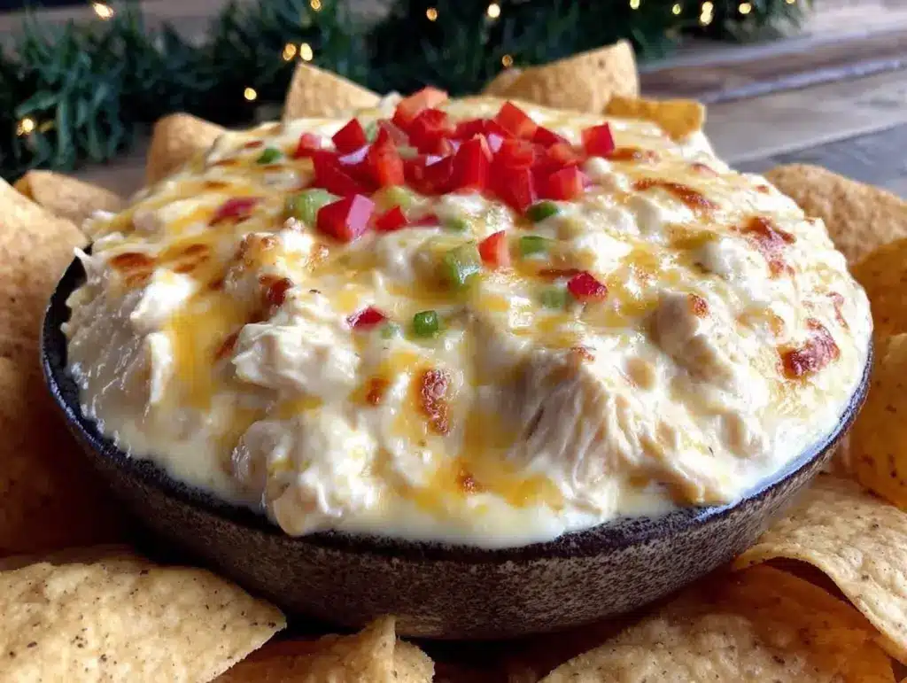 creamy crockpot queso chicken dip - featured image