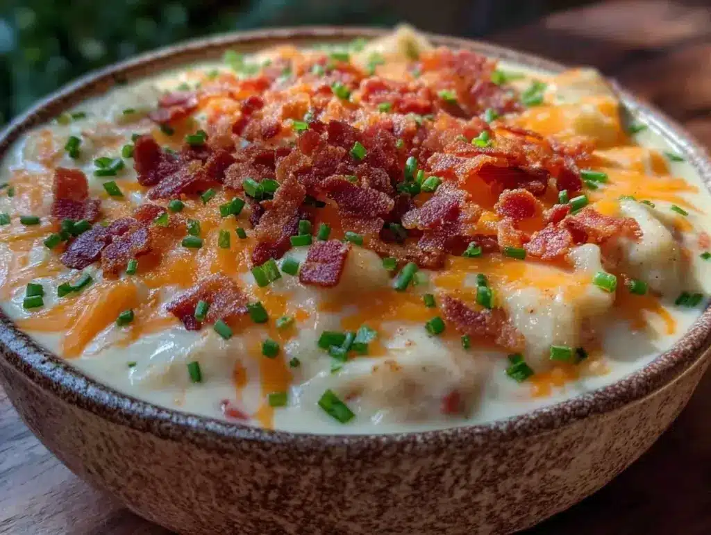 creamy loaded baked potato soup with bacon - featured image