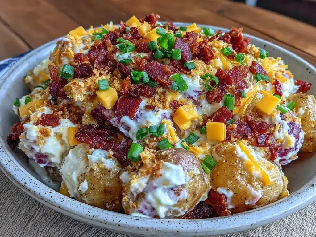 creamy potato salad with bacon and cheddar - featured image