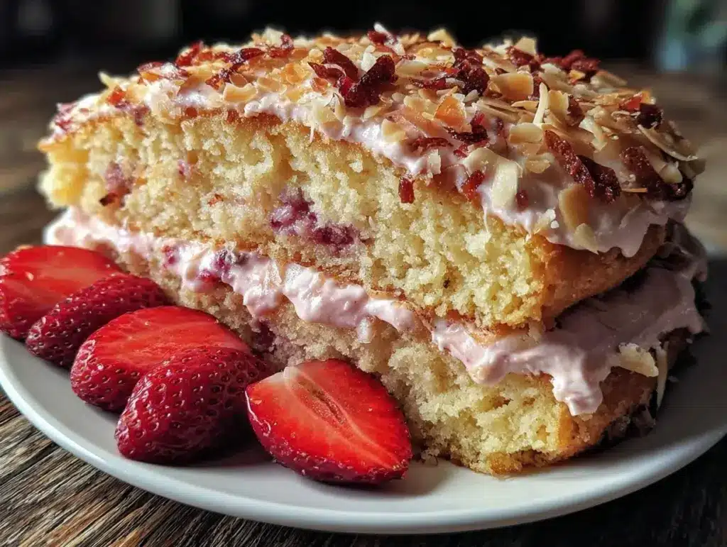 creamy strawberry crunch cake - featured image