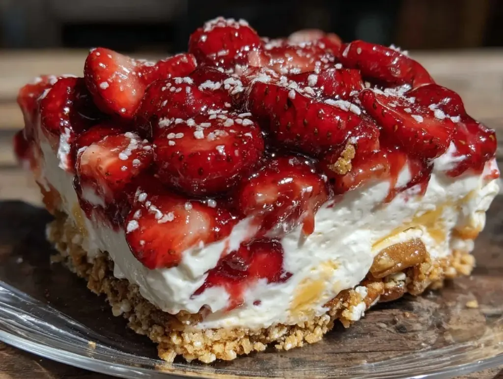 creamy strawberry pretzel salad - featured image