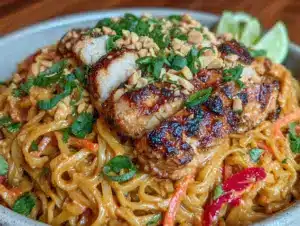 creamy thai peanut noodle salad with chicken - featured image