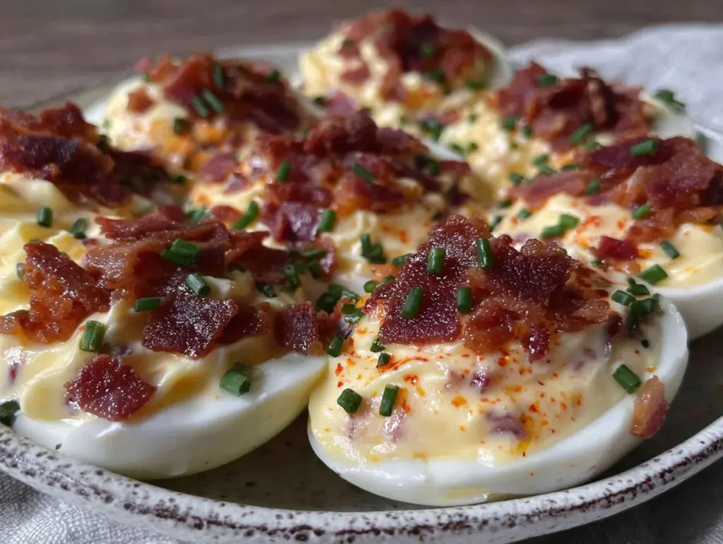 crispy deviled eggs with bacon - featured image