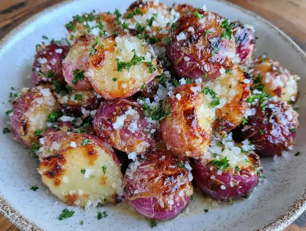 crispy garlic butter roasted radishes - featured image