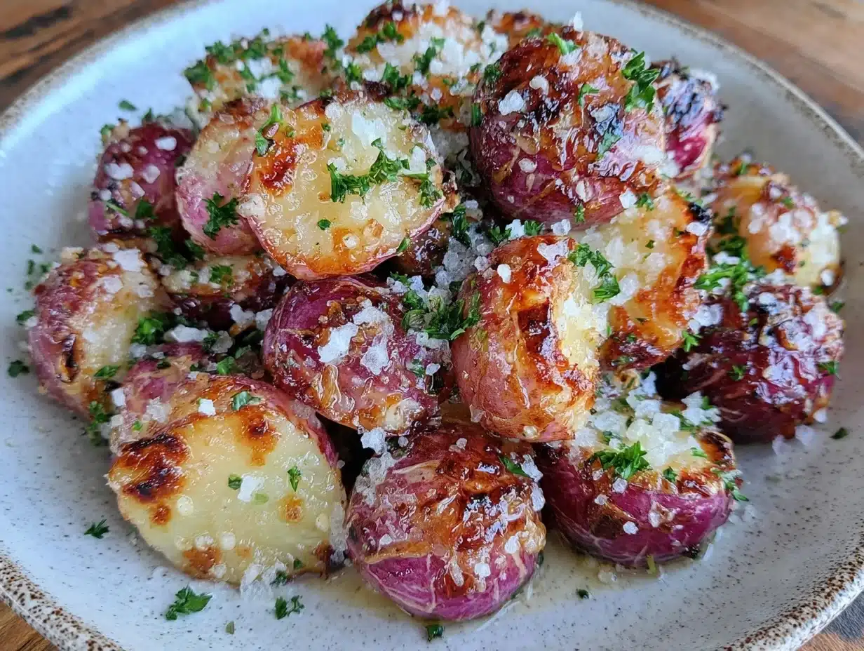 crispy garlic butter roasted radishes - featured image