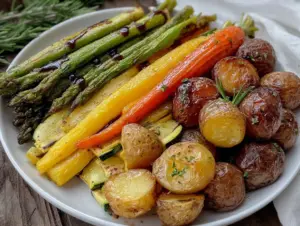 easy roasted spring vegetable medley - featured image
