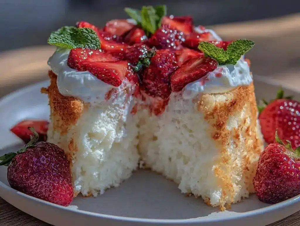 fluffy angel food cake with strawberries - featured image
