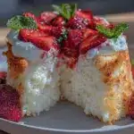 fluffy angel food cake with strawberries - featured image