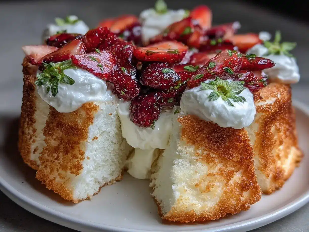 fluffy angel food cake with strawberries preparation steps