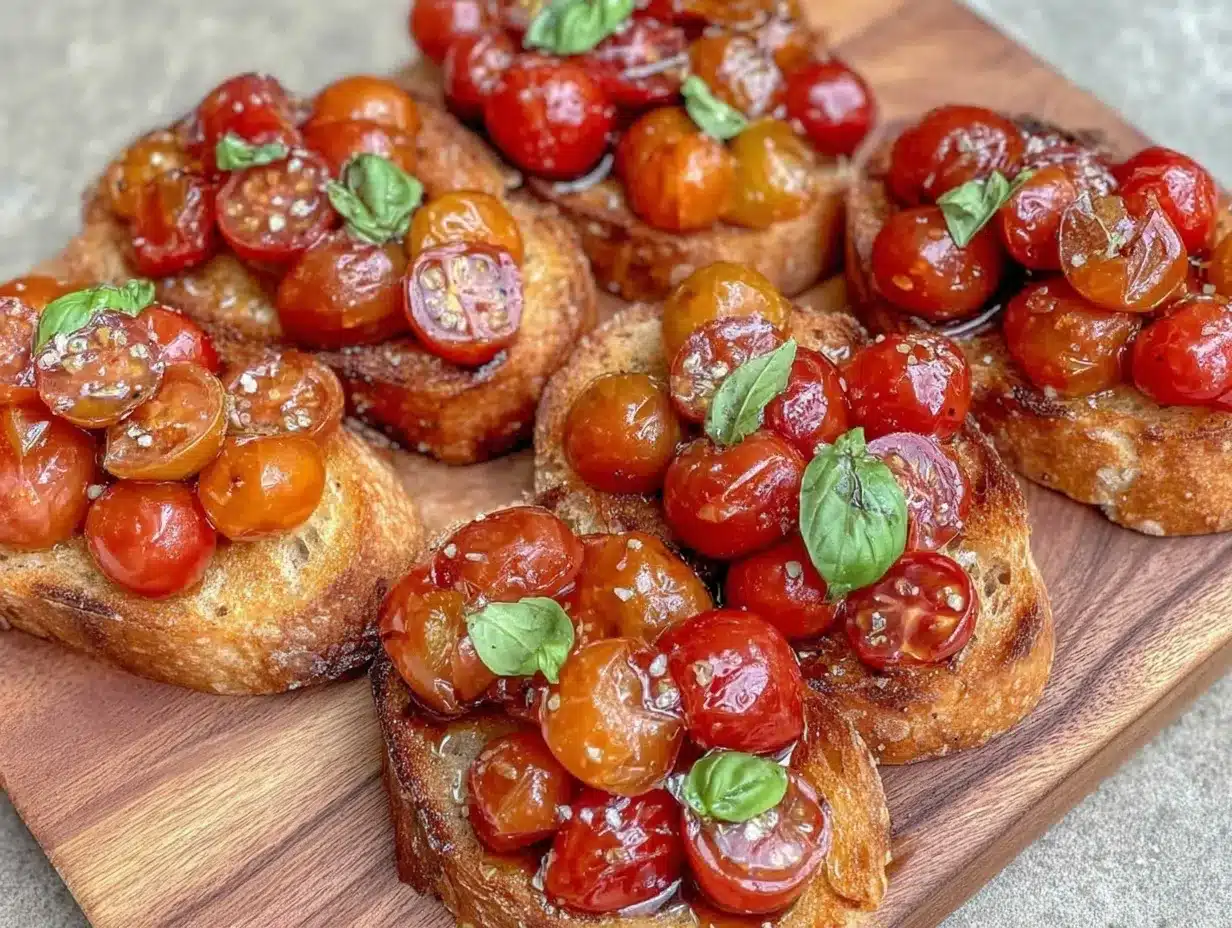 fresh cherry tomato bruschetta with basil preparation steps