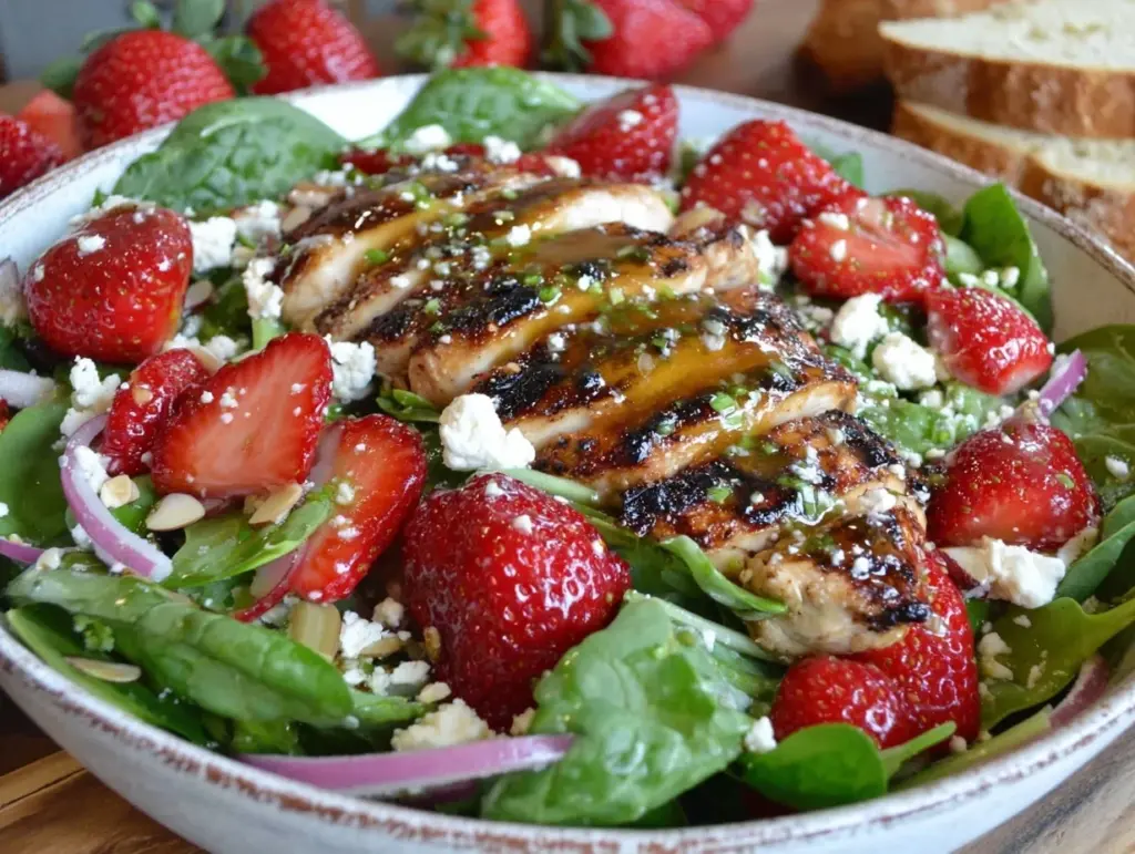 fresh strawberry spinach chicken salad - featured image