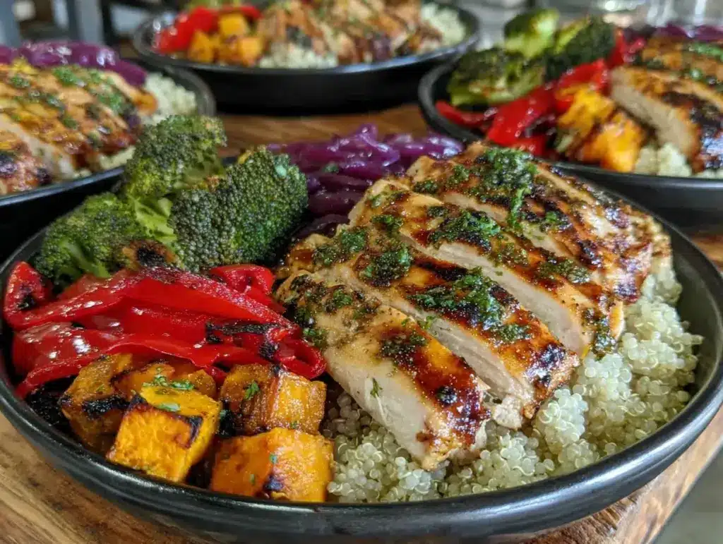 grilled chicken and veggie meal prep bowls - featured image
