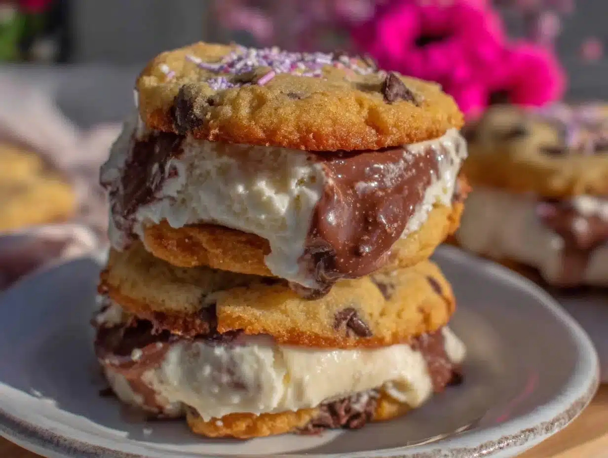 chewy chocolate chip cookie ice cream sandwiches - featured image