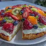 creamy fruit pizza on sugar cookie crust - featured image
