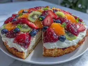 creamy fruit pizza on sugar cookie crust - featured image