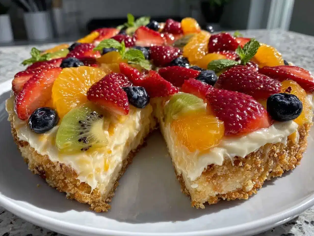 creamy fruit pizza on sugar cookie crust preparation steps