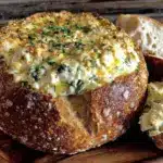 creamy spinach artichoke dip stuffed bread bowl - featured image