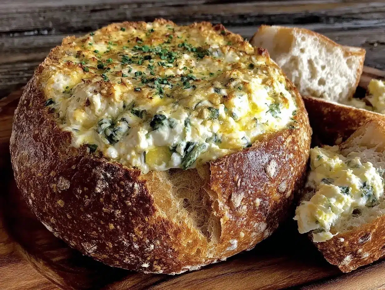 creamy spinach artichoke dip stuffed bread bowl preparation steps