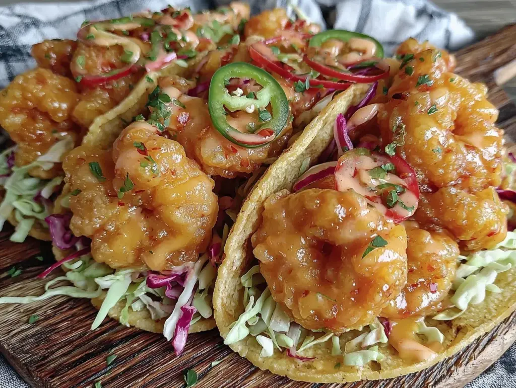 crispy bang bang shrimp tacos - featured image