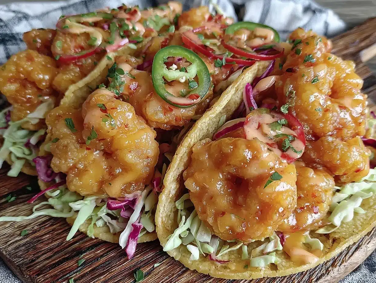 crispy bang bang shrimp tacos - featured image