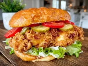 crispy pickle-brined fried chicken sandwich - featured image
