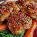 crispy sheet pan honey garlic chicken thighs - featured image