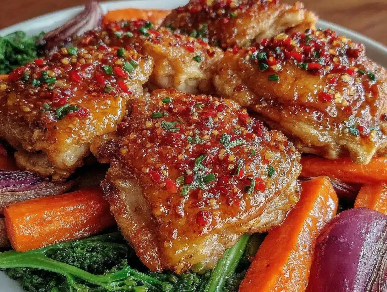 crispy sheet pan honey garlic chicken thighs - featured image