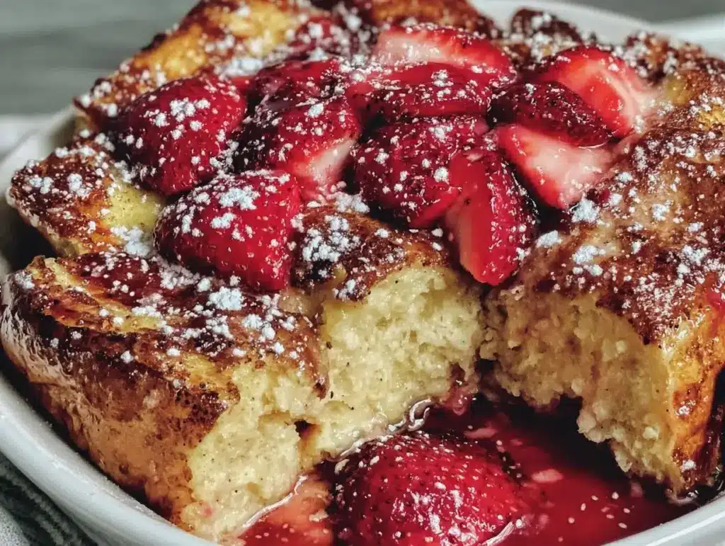 easy baked strawberry french toast casserole - featured image