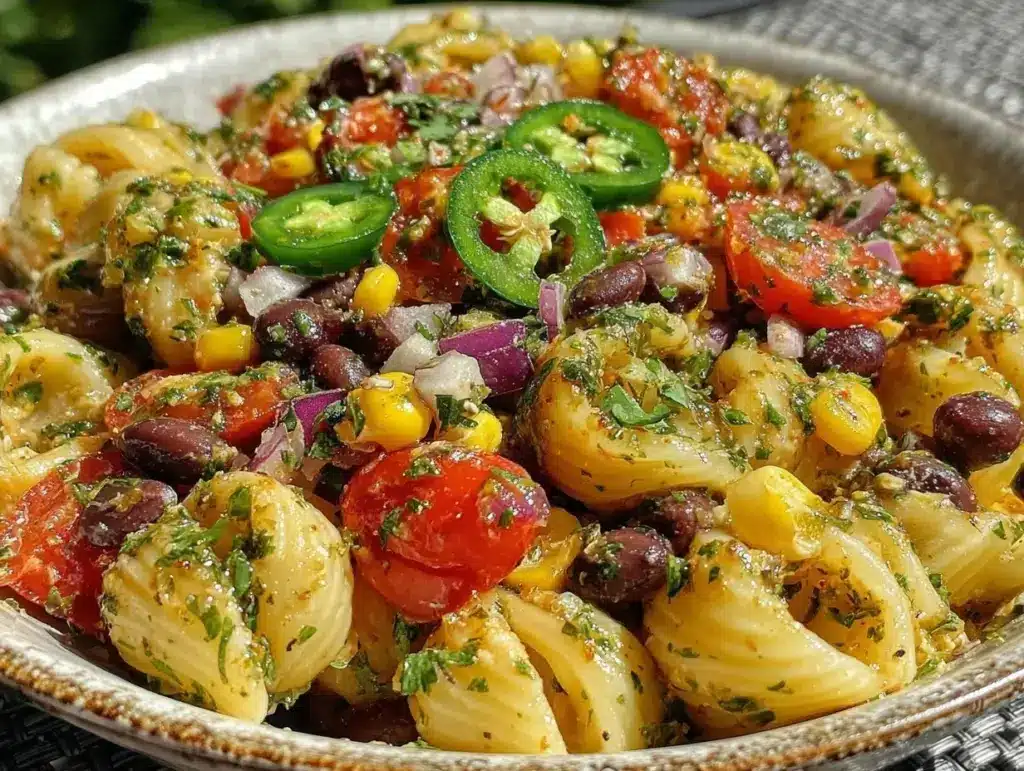 fresh cowboy caviar pasta salad - featured image