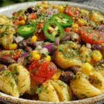 fresh cowboy caviar pasta salad - featured image