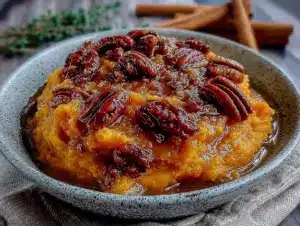 mashed sweet potatoes with brown butter pecans - featured image