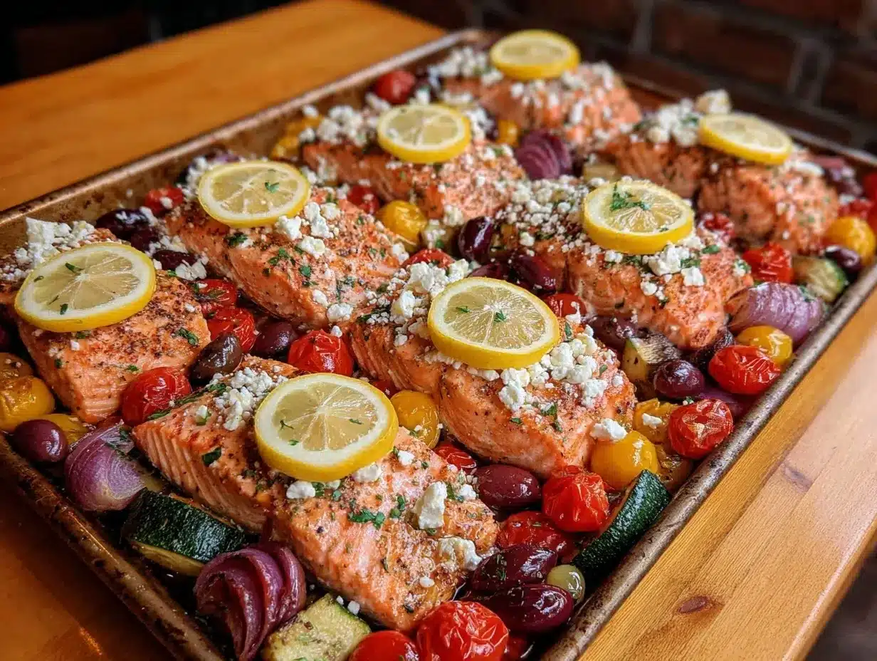 Mediterranean salmon sheet pan recipe preparation steps