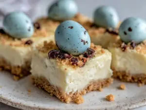 no-bake robins egg cheesecake bars - featured image