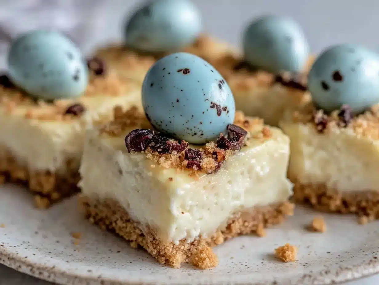 no-bake robins egg cheesecake bars - featured image