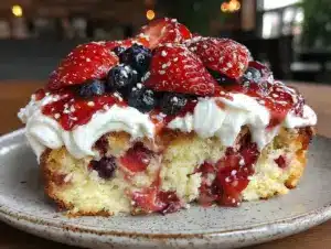 red white and blue strawberry poke cake - featured image