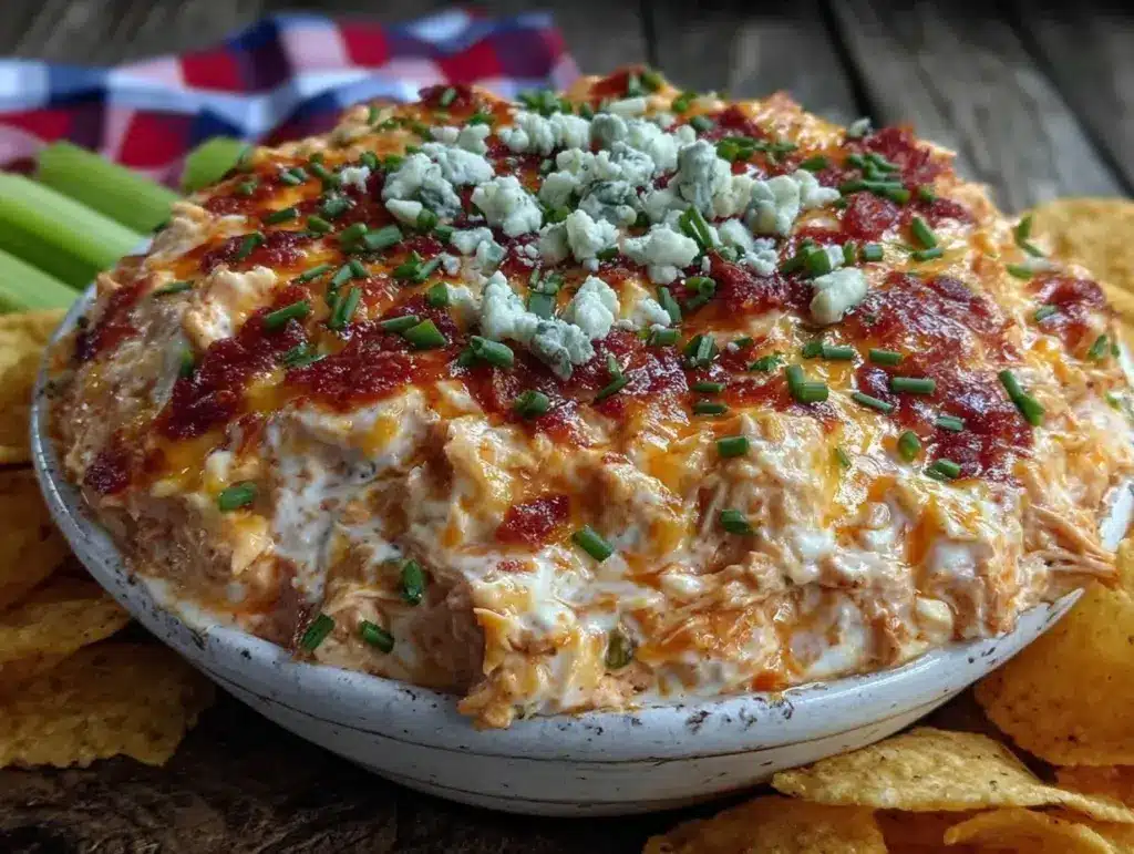 creamy blue cheese buffalo chicken dip - featured image
