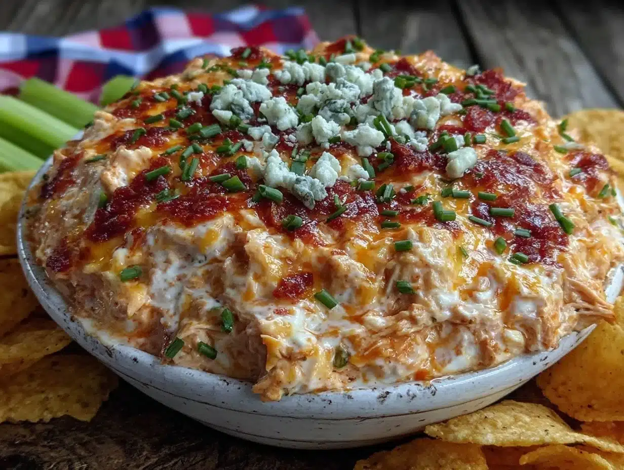 creamy blue cheese buffalo chicken dip - featured image