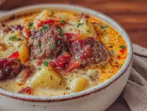 creamy hearty sausage and potato soup - featured image