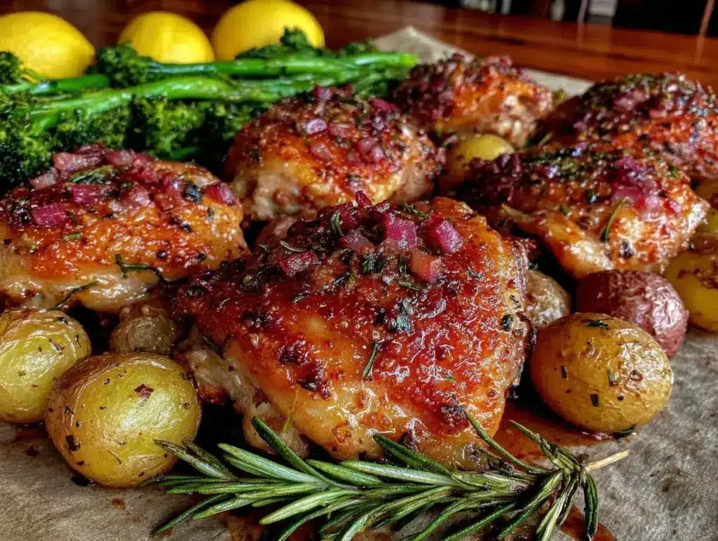 crispy sheet pan lemon herb chicken thighs - featured image