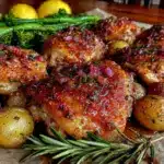 crispy sheet pan lemon herb chicken thighs - featured image